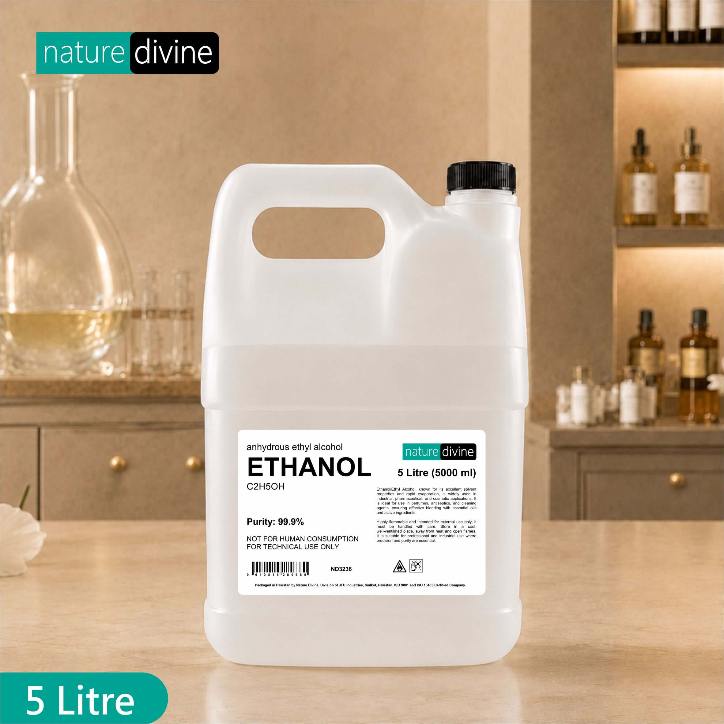 Ethanol 99.9% – Ethyl Alcohol for Cosmetics, Perfumes, Lab Use, Dilution, and Disinfectants 5 Litre | Nature Divine | Sialkot, Pakistan 2 Ethanol 99.9% – Ethyl Alcohol for Cosmetics, Perfumes, Lab Use, Dilution, and Disinfectants 5 Litre | Nature Divine | Sialkot, Pakistan 2